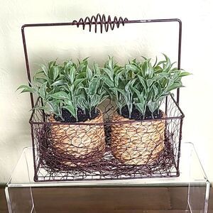 Brown Wire Basket with 2 Faux Plants in Wicker Baskets